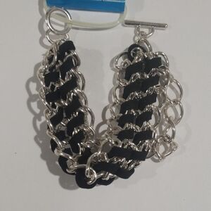 Elegant Black and Silver tone Chain 7" Bangle Bracelet - Women's Fashion Jewelry